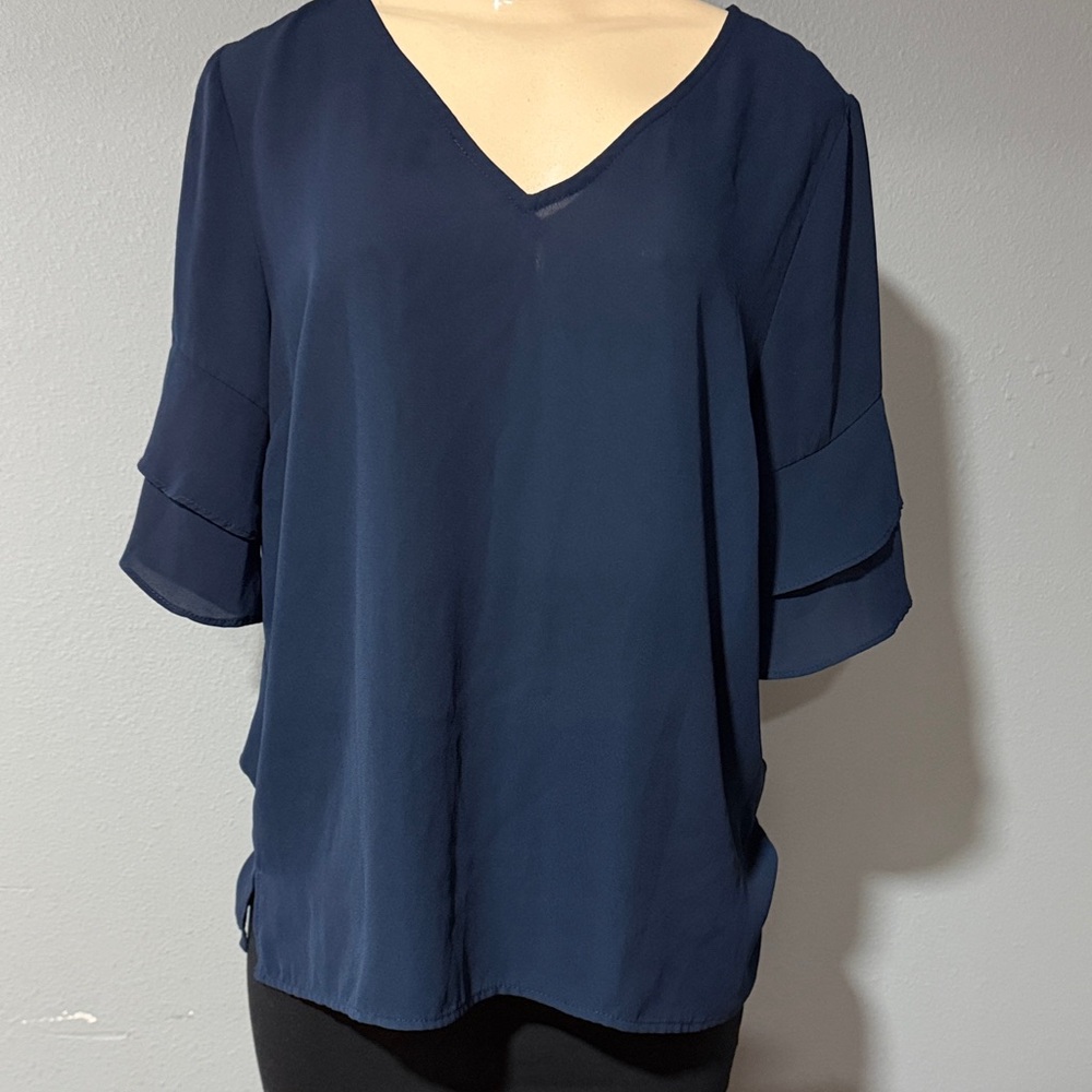 Skies Are Blue Navy V-Neck Layered Sleeve Blouse